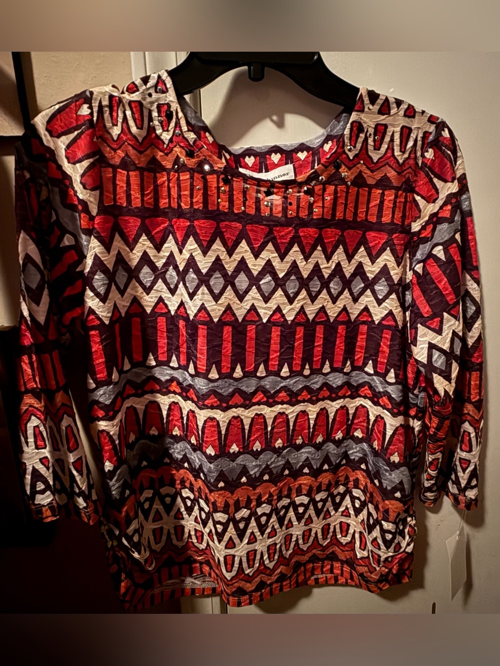 ALFRED DUNNER Red and Black Geometric Long Sleeve Top